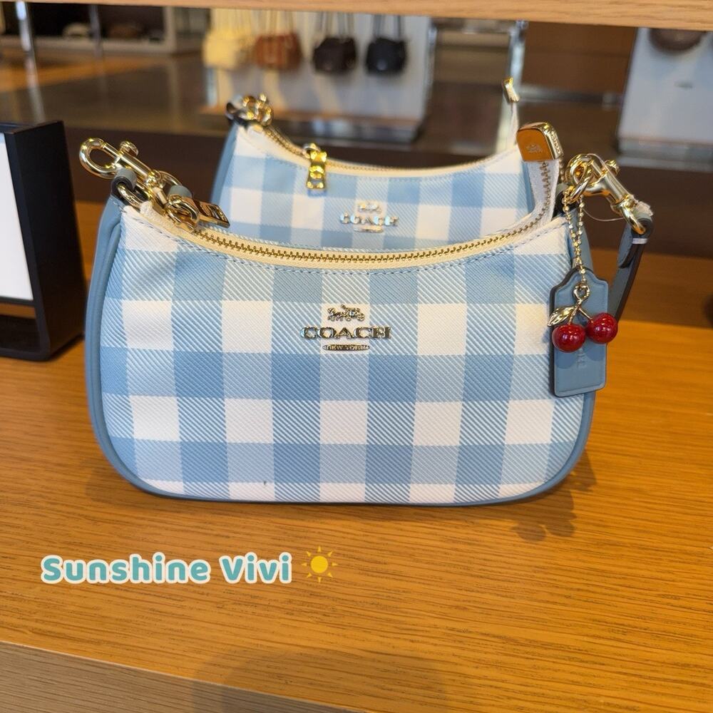 NWT Coach Teri Mini Crossbody Bag With Gingham Print And Charm CEN05 Blue Multi